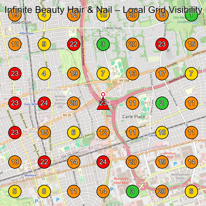 Infinite Beauty Hair & Nail Nail Salon GeoGrid ranking map for Carle Place NY
